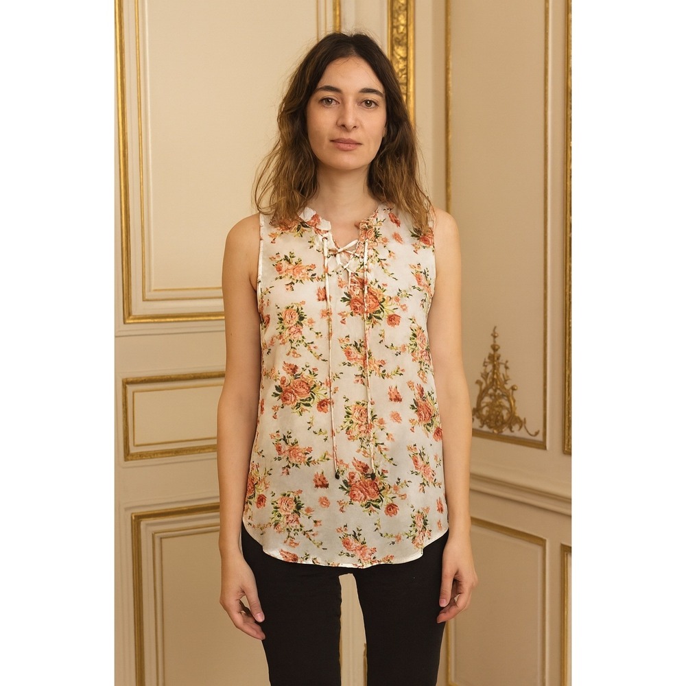 Floral Lace-Up Blouse Sleeveless Peach Rose Print Casual Tank Top